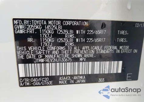 2017 Toyota Rav4 Xle z USA, uszkodzony, nr VIN JTMWFREV2HJ130675